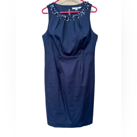 Boden Dresses & Skirts - Boden navy blue, sleeveless, mid length, sheath dress. Sequin detail around neck